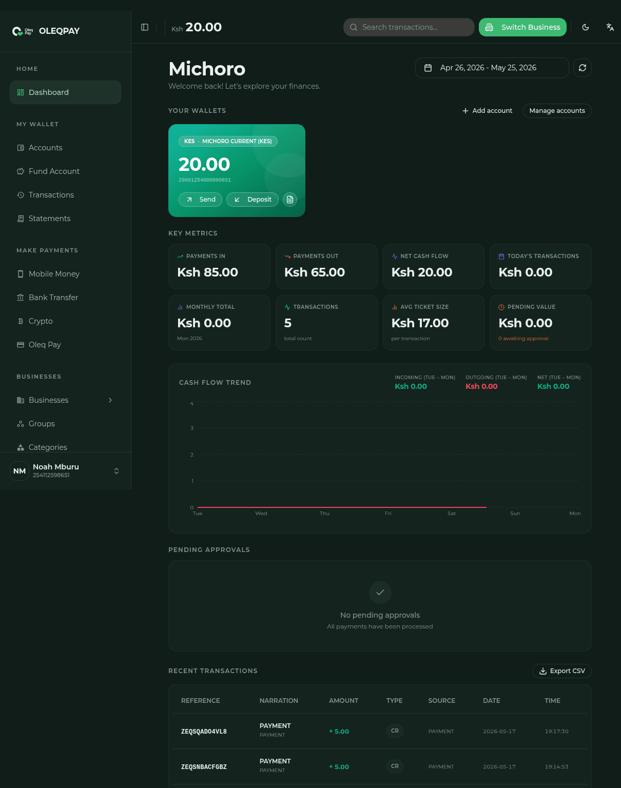 Olefi account dashboard showing wallets, cash-flow metrics and recent transactions