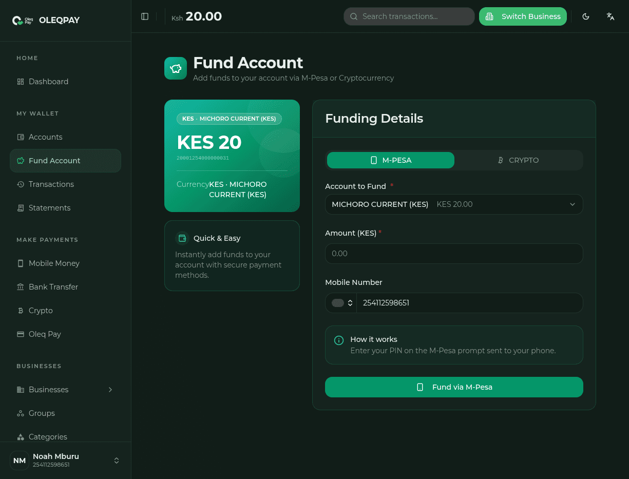 Fund your account in the Olefi business dashboard