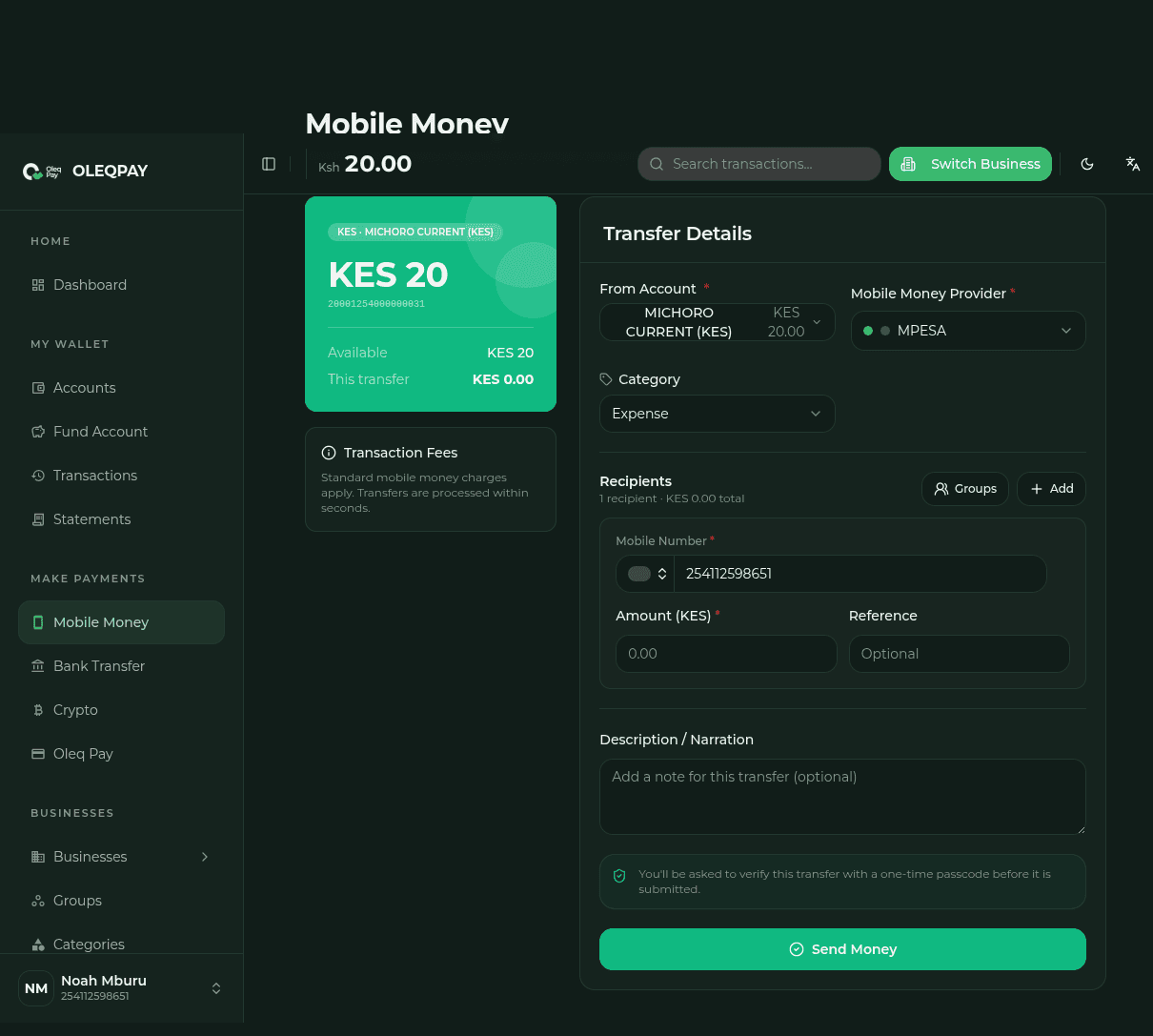 Make payments confidently in the Olefi business dashboard