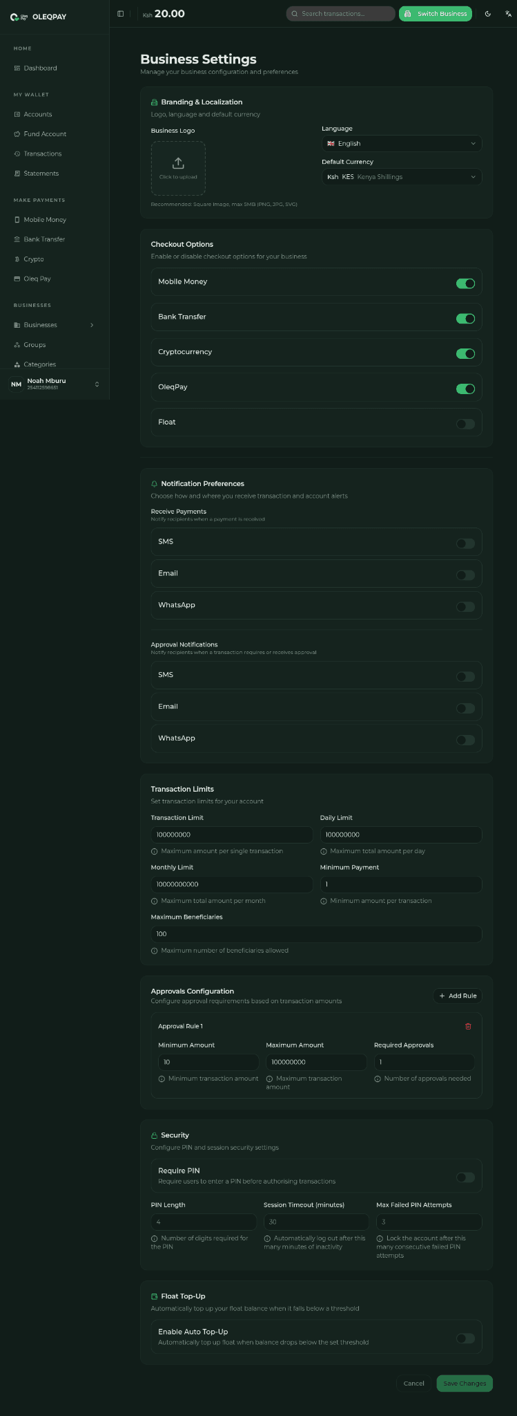 Control your business in the Olefi business dashboard